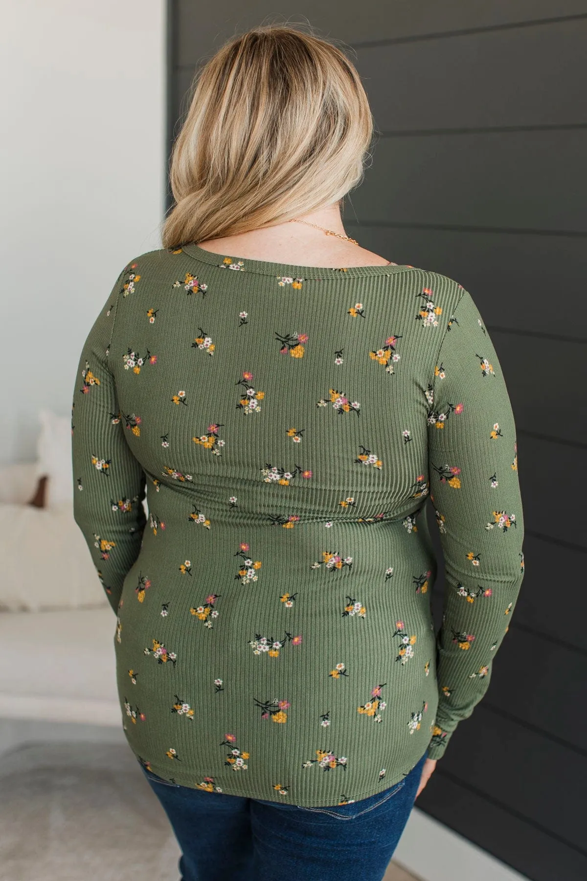 Call Me Lovely Floral Henley Top- Dark Sage