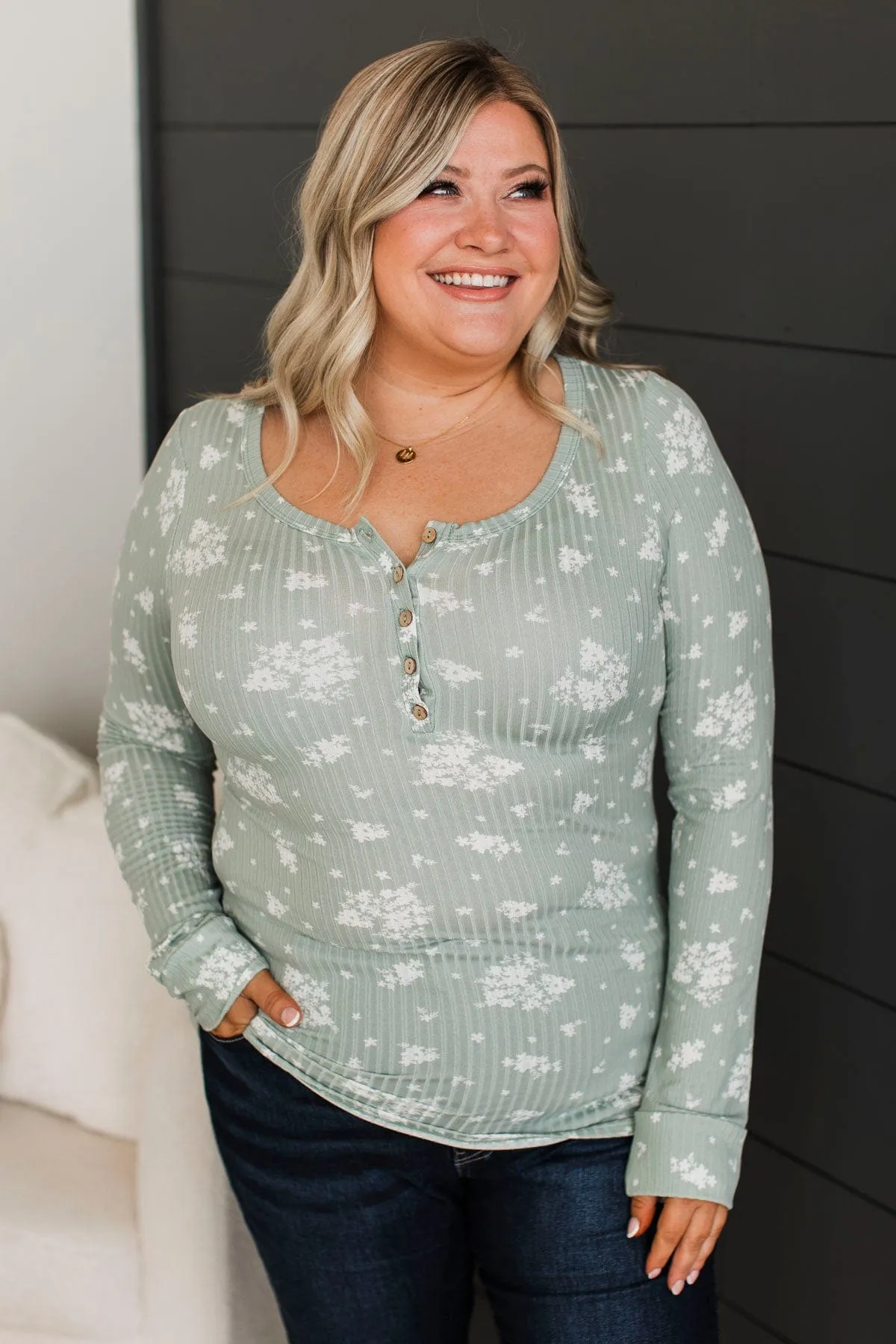 Call Me Lovely Floral Henley Top- Dusty Sage & White