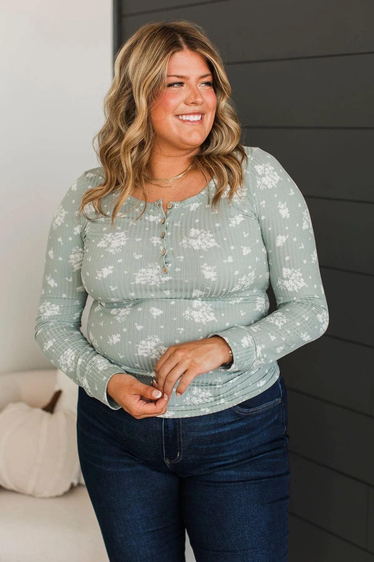Call Me Lovely Floral Henley Top- Dusty Sage & White