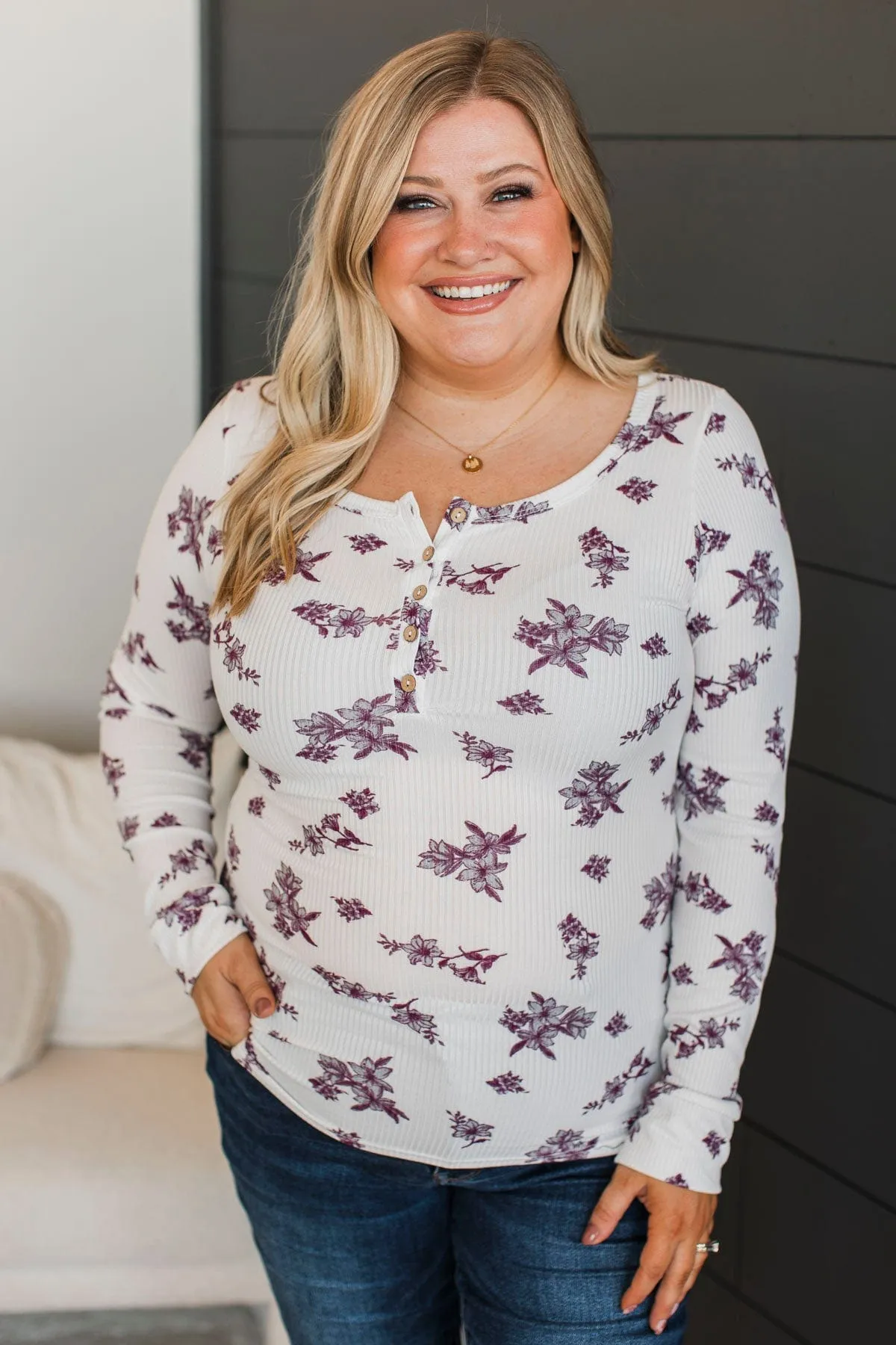 Call Me Lovely Floral Henley Top- Ivory & Plum