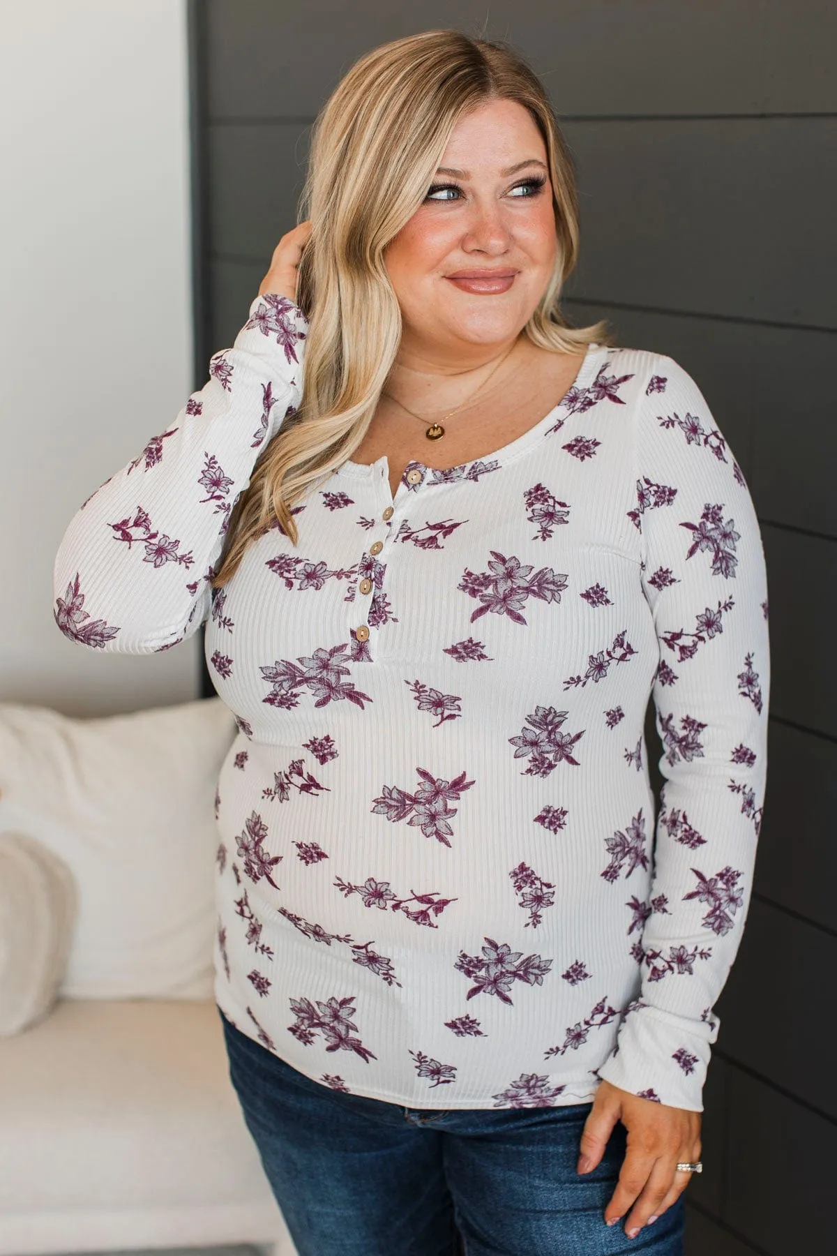 Call Me Lovely Floral Henley Top- Ivory & Plum