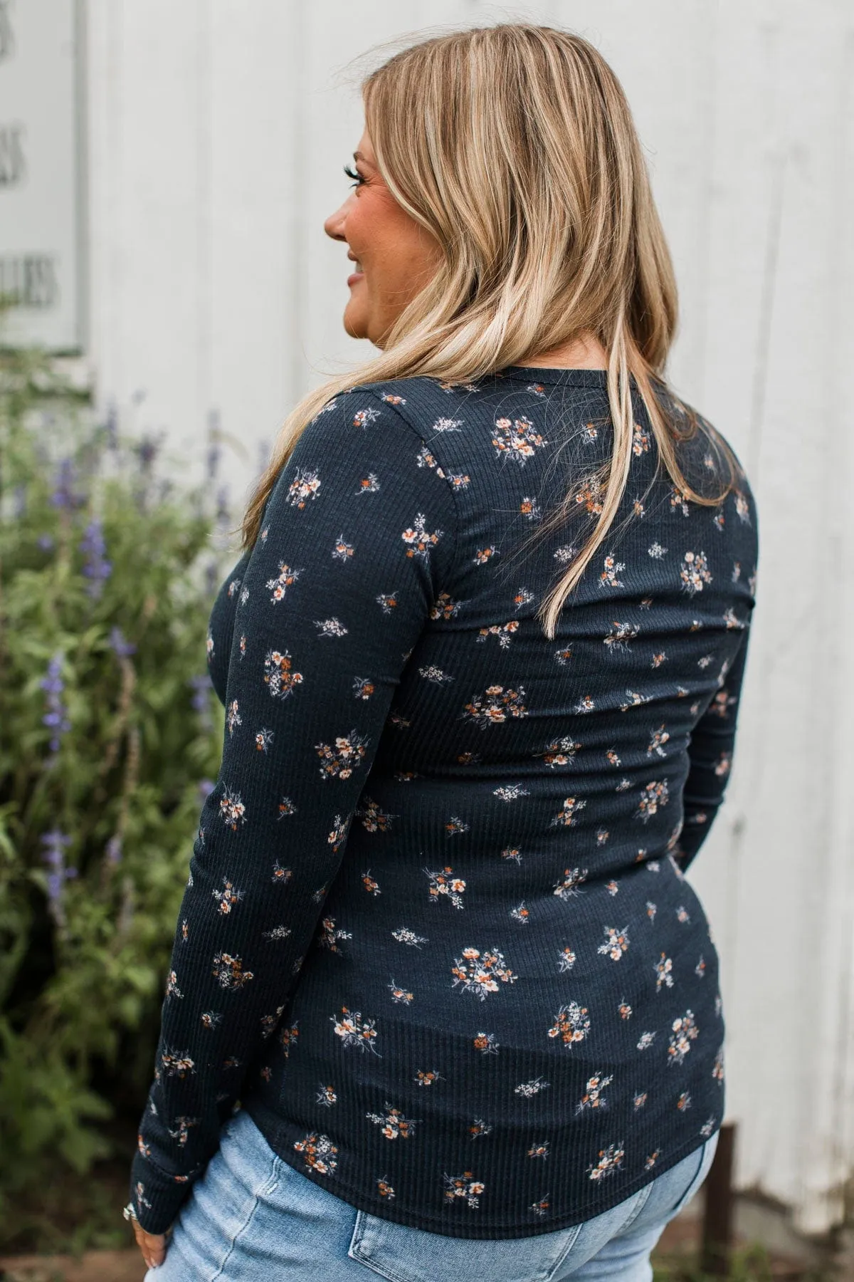 Call Me Lovely Floral Henley Top- Navy