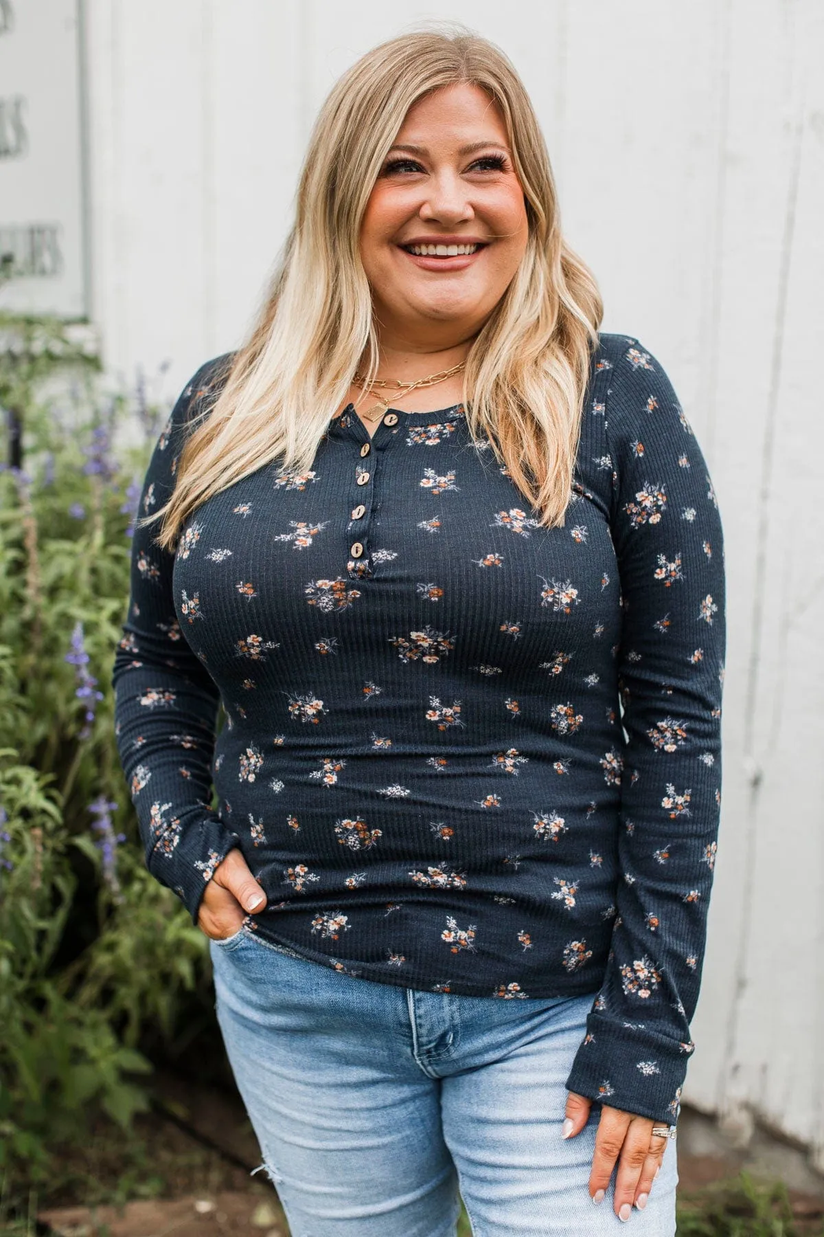 Call Me Lovely Floral Henley Top- Navy