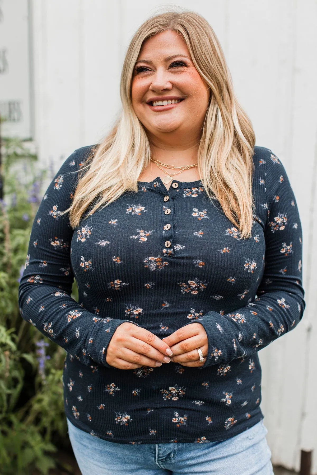 Call Me Lovely Floral Henley Top- Navy