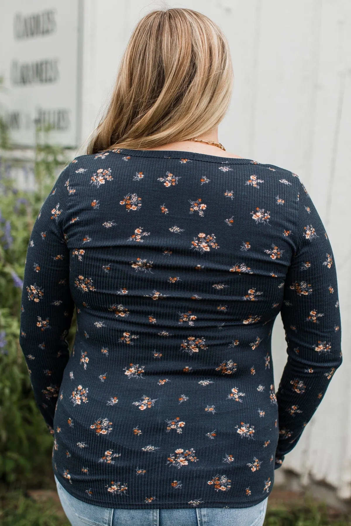 Call Me Lovely Floral Henley Top- Navy