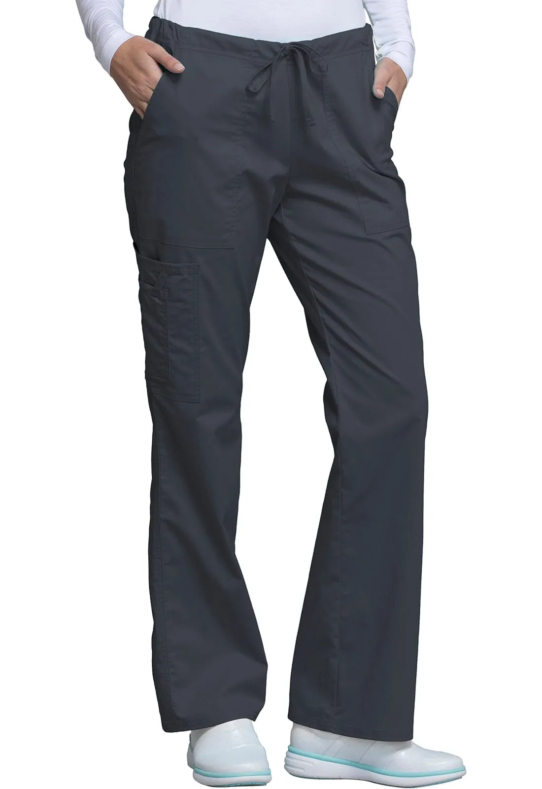 Cherokee Workwear Core Stretch 4044 Scrubs Pants Womens Mid Rise Drawstring Cargo Pewter
