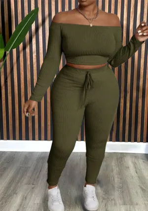 Chic Solid Color Off-Shoulder Long Sleeve Two-Piece Pants Set for Effortless Style and Comfort
