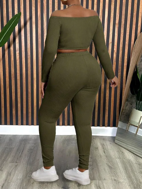 Chic Solid Color Off-Shoulder Long Sleeve Two-Piece Pants Set for Effortless Style and Comfort
