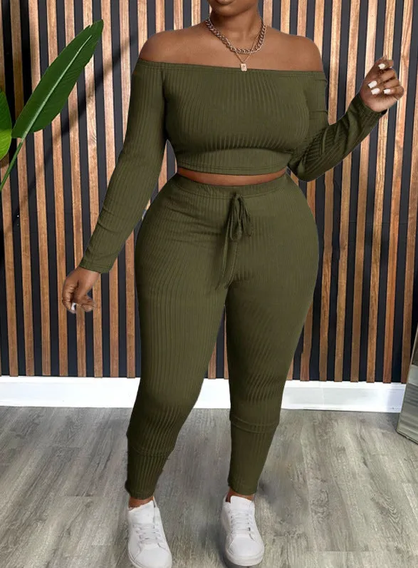 Chic Solid Color Off-Shoulder Long Sleeve Two-Piece Pants Set for Effortless Style and Comfort