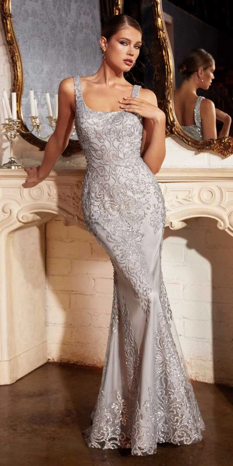 Cinderella Divine J814 Long Glitter Applique Form Fitting Sheath Dress