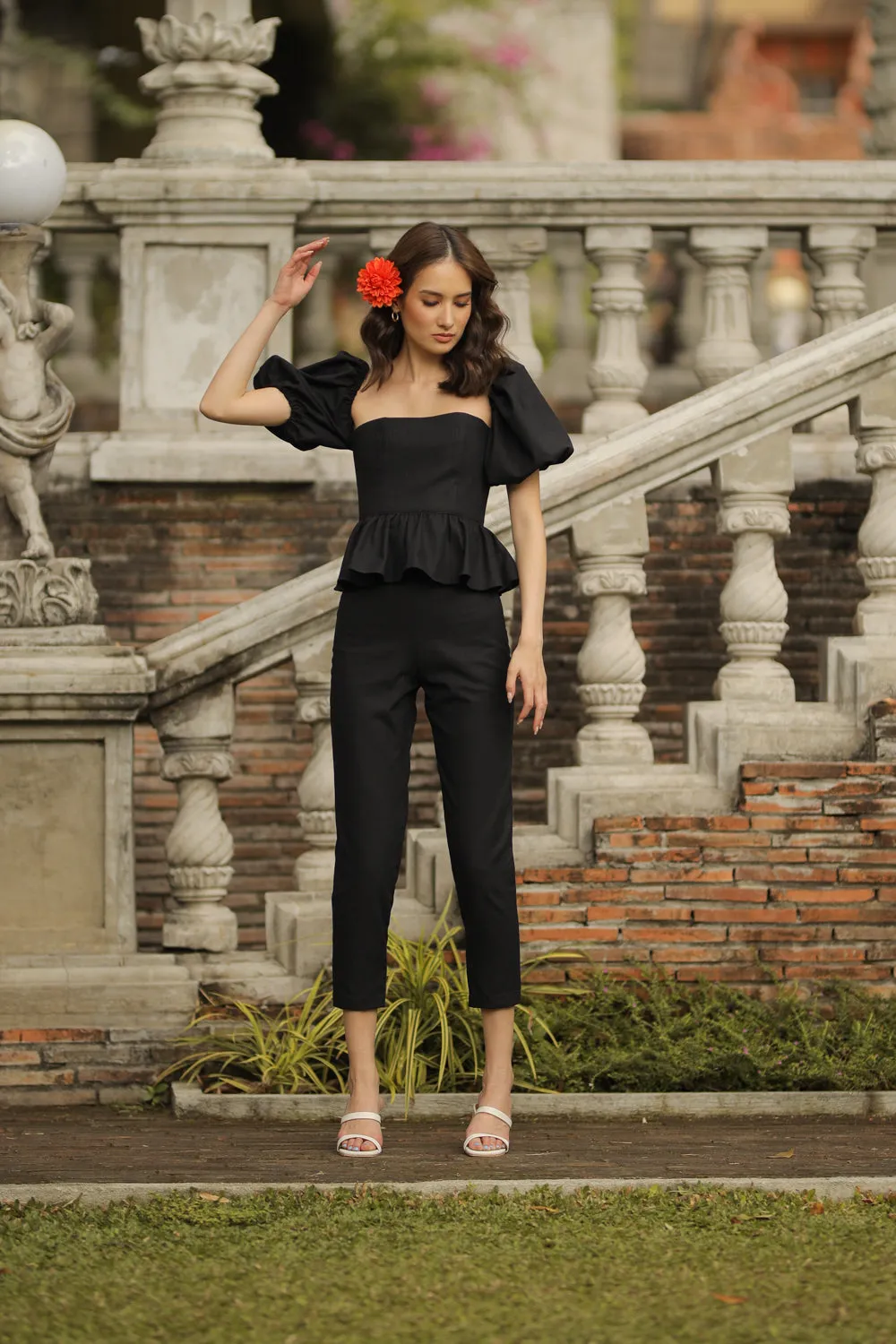 CLARA PANTS SET Peplum Puff Sleeve Blouse (Black Linen)
