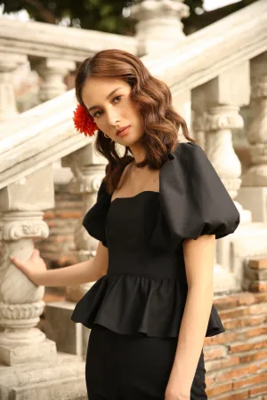 CLARA TOP Peplum Puff Sleeve Blouse (Black Linen)