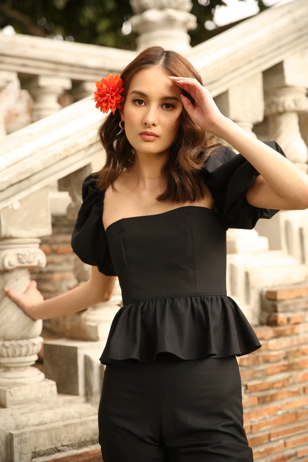 CLARA TOP Peplum Puff Sleeve Blouse (Black Linen)