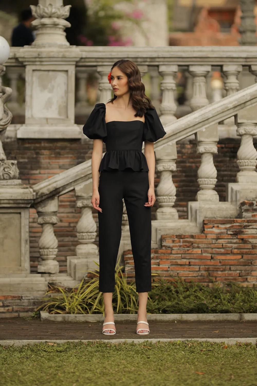 CLARA TOP Peplum Puff Sleeve Blouse (Black Linen)