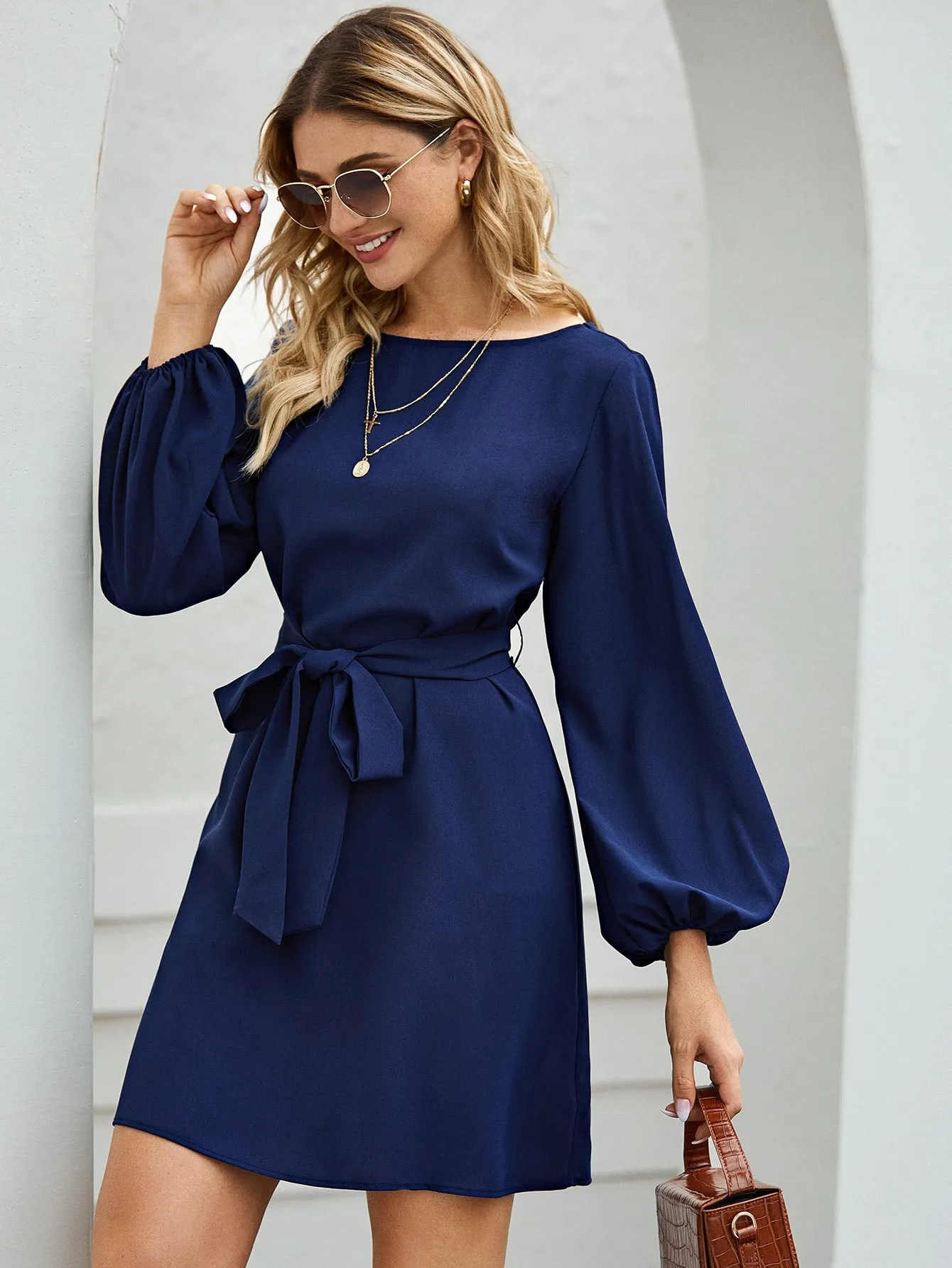 Clasi Lantern Sleeve Belted Tunic Dress