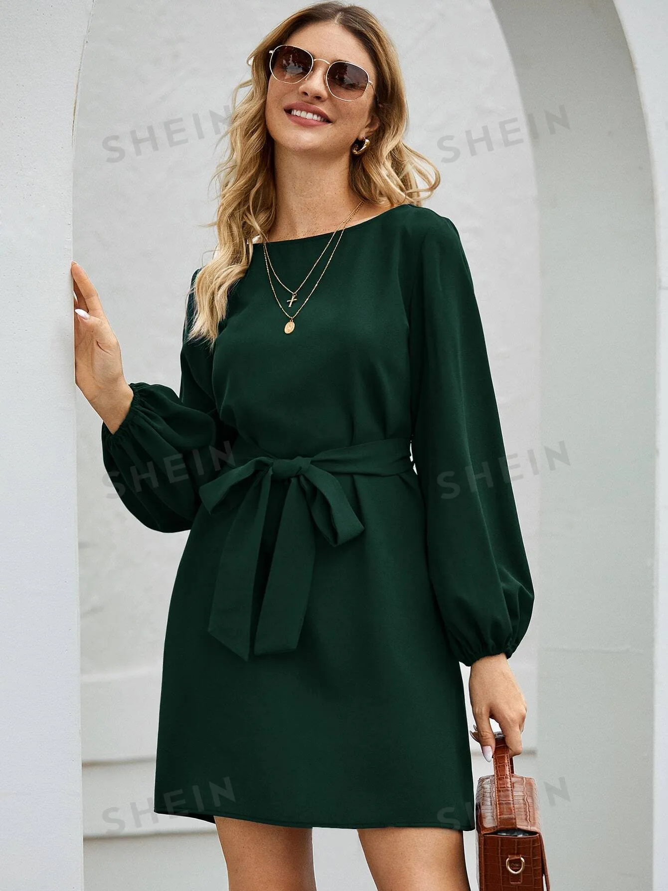 Clasi Lantern Sleeve Belted Tunic Dress