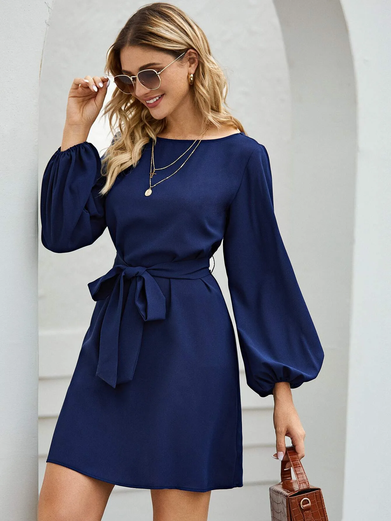 Clasi Lantern Sleeve Belted Tunic Dress