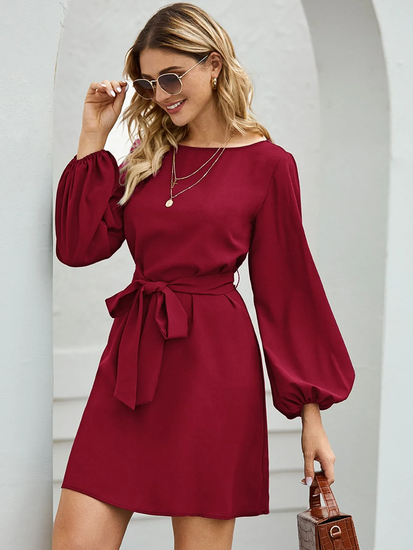 Clasi Lantern Sleeve Belted Tunic Dress