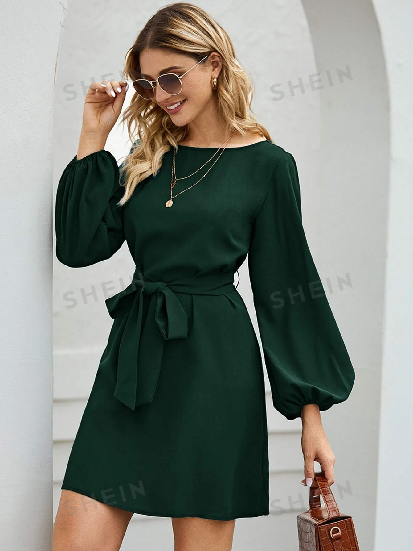 Clasi Lantern Sleeve Belted Tunic Dress