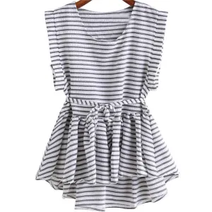 Clothing Ladies Black and White Striped Tops Pleated Sleeveless Round Neck Dip Hem High Low Peplum Loose Blouse