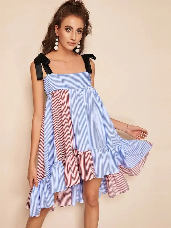 CM-DS226409 Women Casual Seoul Style Self Tie Shoulder Dip Hem Striped Dress - Blue