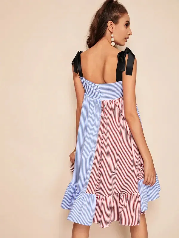 CM-DS226409 Women Casual Seoul Style Self Tie Shoulder Dip Hem Striped Dress - Blue