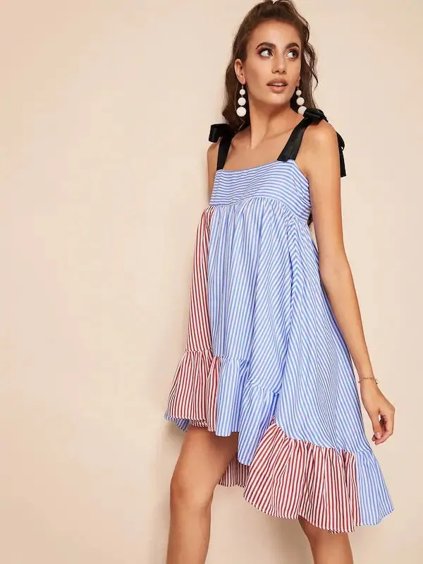 CM-DS226409 Women Casual Seoul Style Self Tie Shoulder Dip Hem Striped Dress - Blue