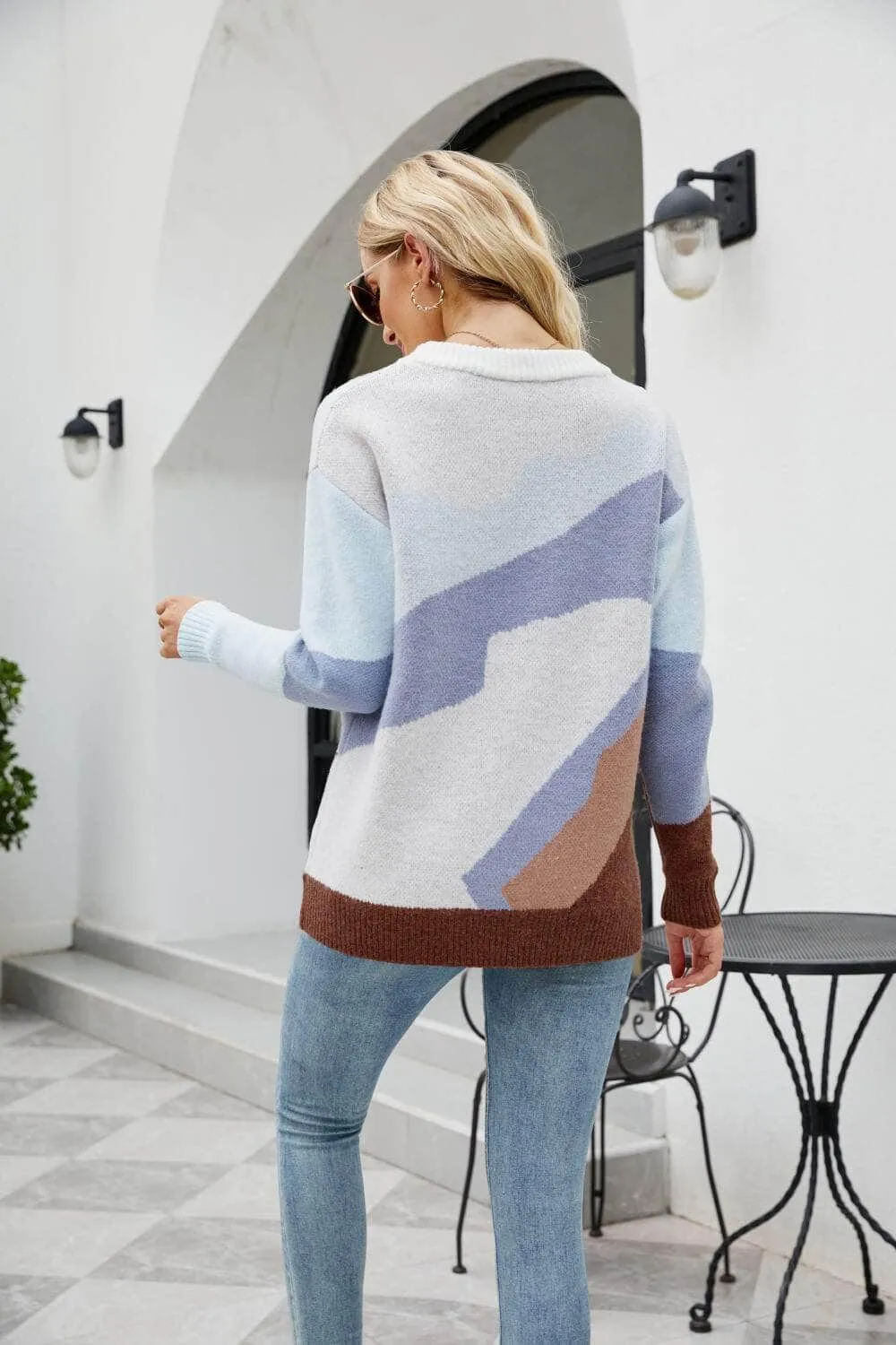Color Block Dropped Shoulder Round Neck Tunic Sweater