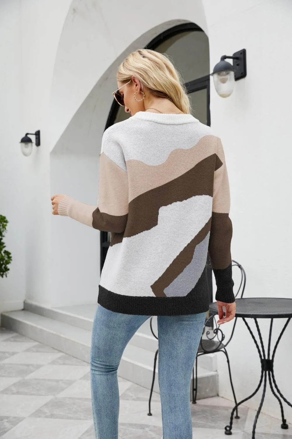Color Block Dropped Shoulder Round Neck Tunic Sweater