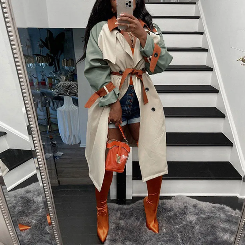 Colorblock Turndown Neck Long Sleeve Belted Trench Coat