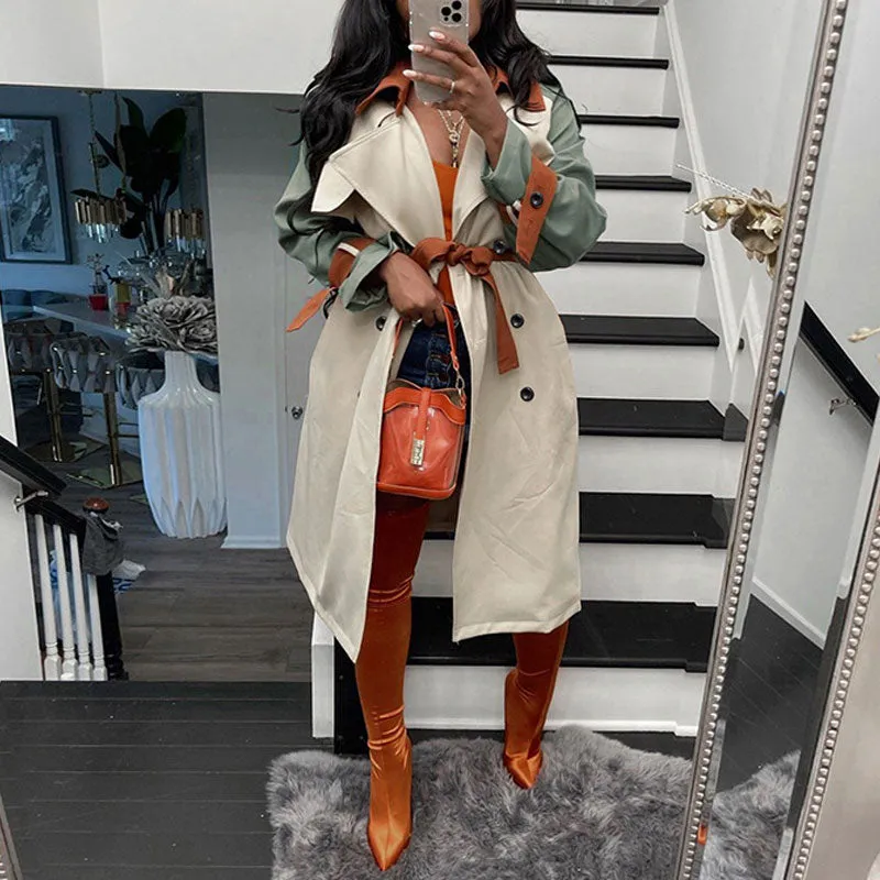 Colorblock Turndown Neck Long Sleeve Belted Trench Coat