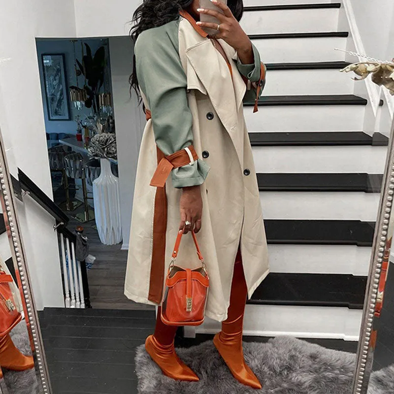 Colorblock Turndown Neck Long Sleeve Belted Trench Coat