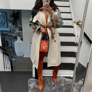 Colorblock Turndown Neck Long Sleeve Belted Trench Coat