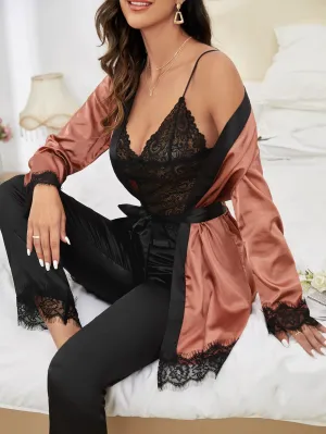 Contrast Eyelash Lace Trim Belted Satin Robe & Cami Top & Pants PJ Set
