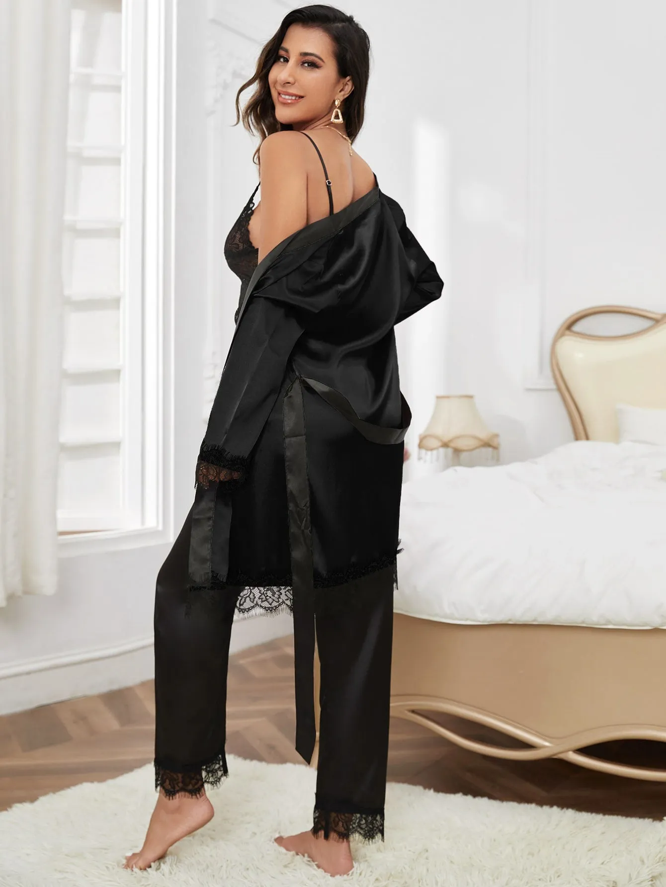 Contrast Eyelash Lace Trim Belted Satin Robe & Cami Top & Pants PJ Set