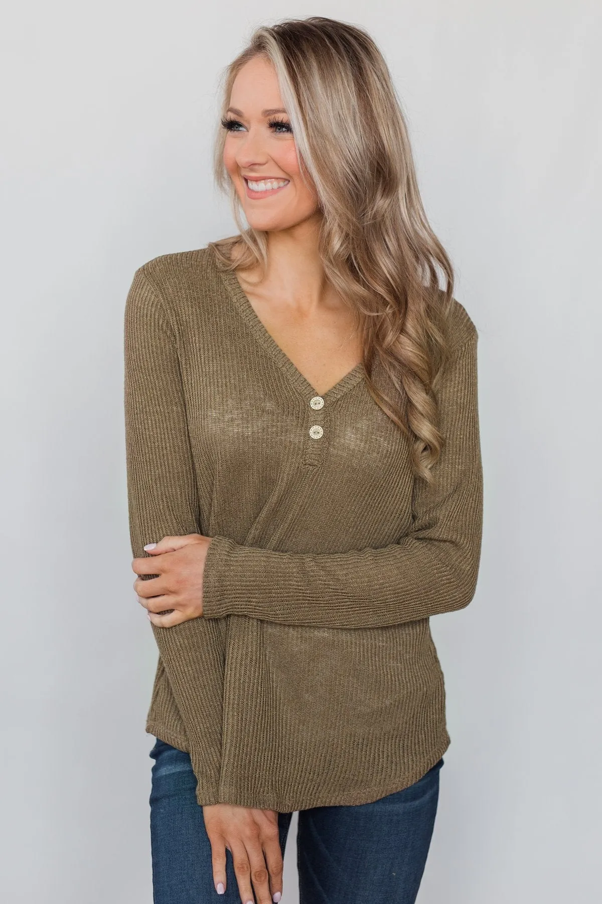 Cool Morning Two Button V-Neck Henley- Mocha
