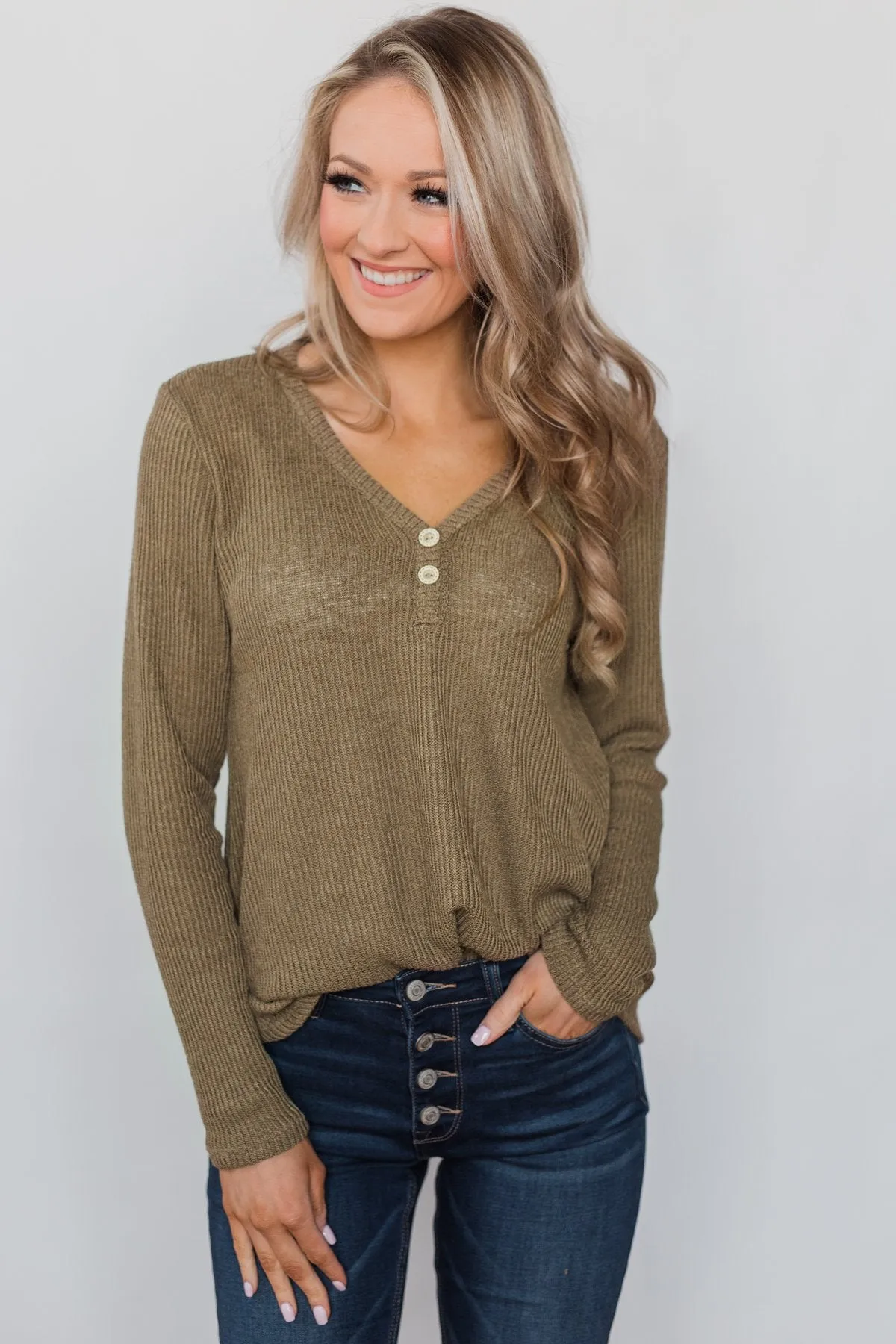 Cool Morning Two Button V-Neck Henley- Mocha