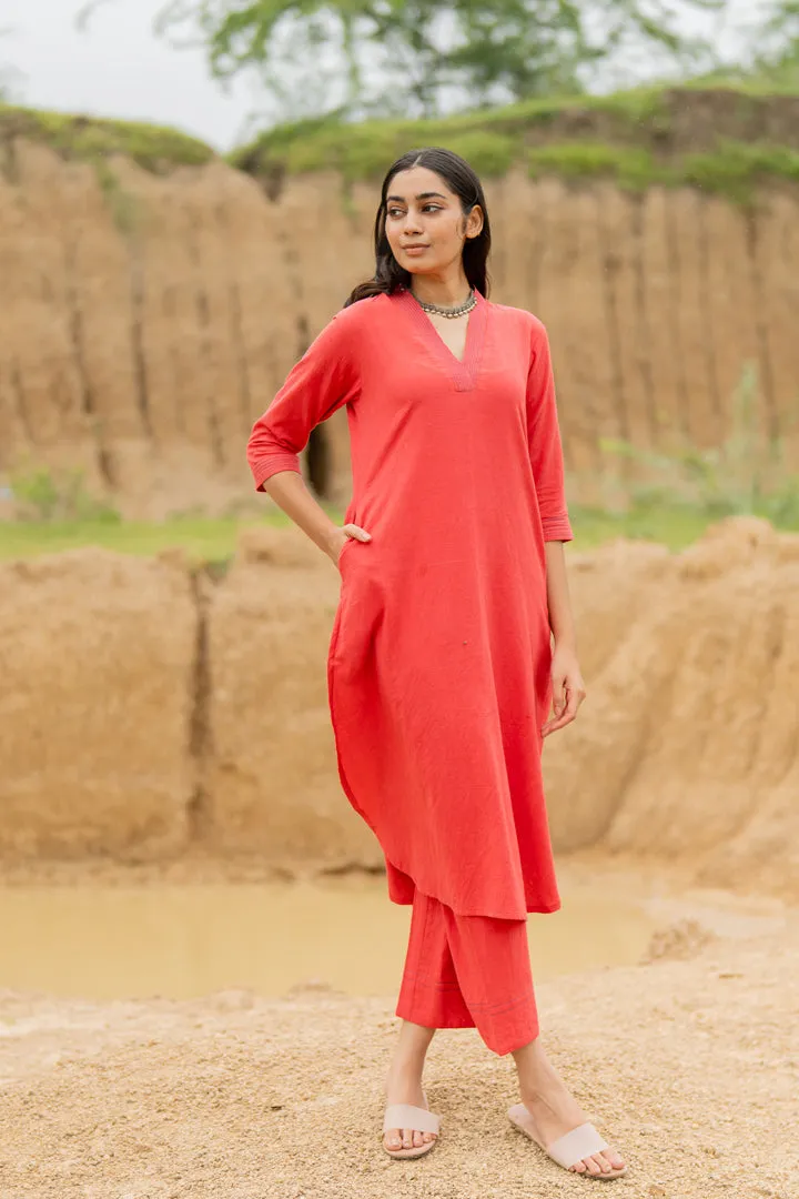 Coral Red Kurta set with Dupatta