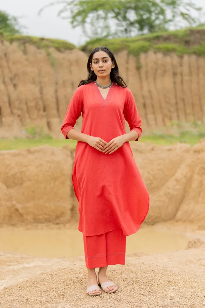 Coral Red Kurta set with Dupatta