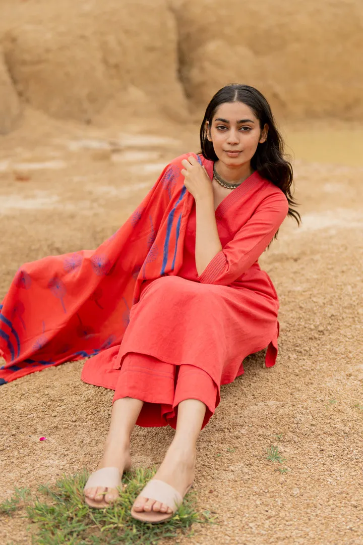 Coral Red Kurta set with Dupatta