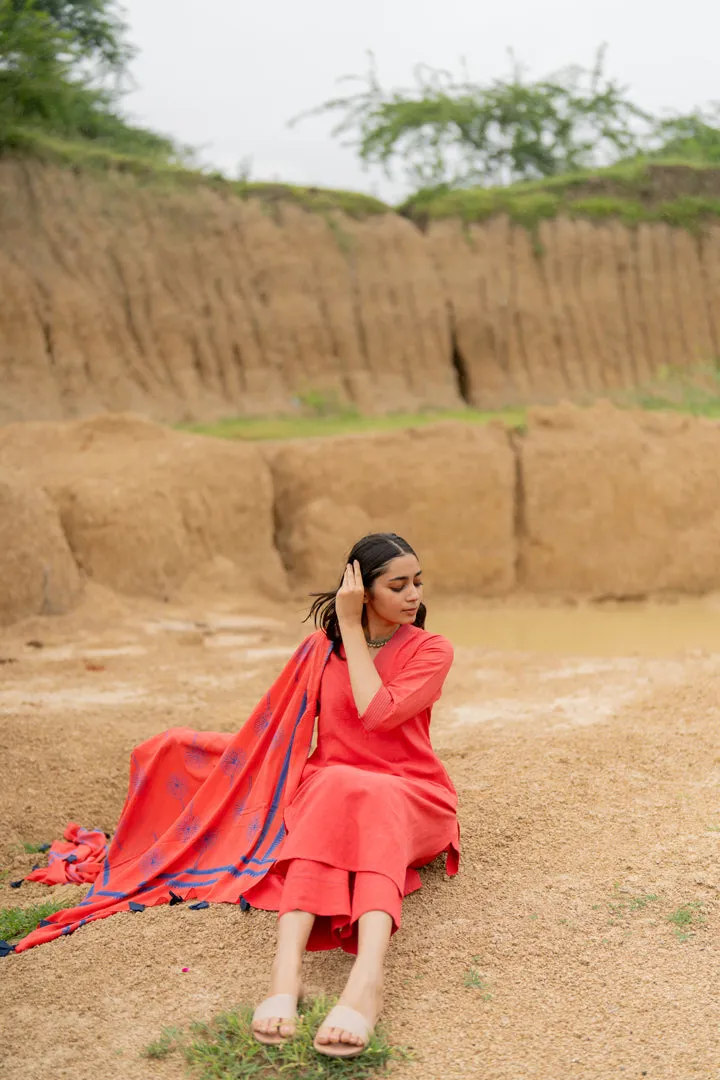 Coral Red Kurta set with Dupatta
