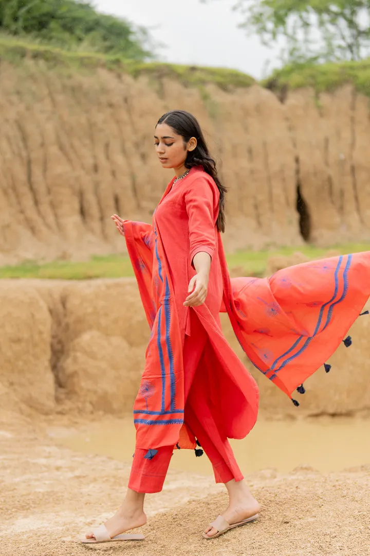 Coral Red Kurta set with Dupatta