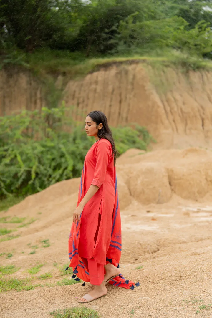 Coral Red Kurta set with Dupatta