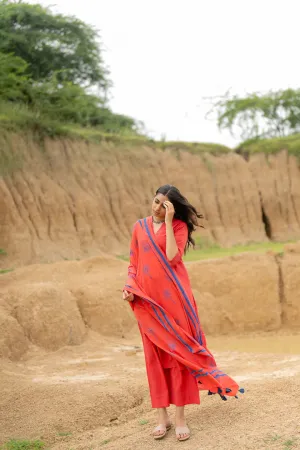 Coral Red Kurta set with Dupatta
