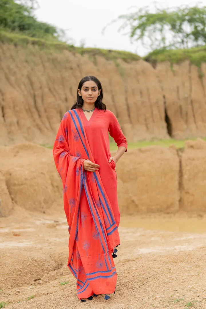 Coral Red Kurta set with Dupatta