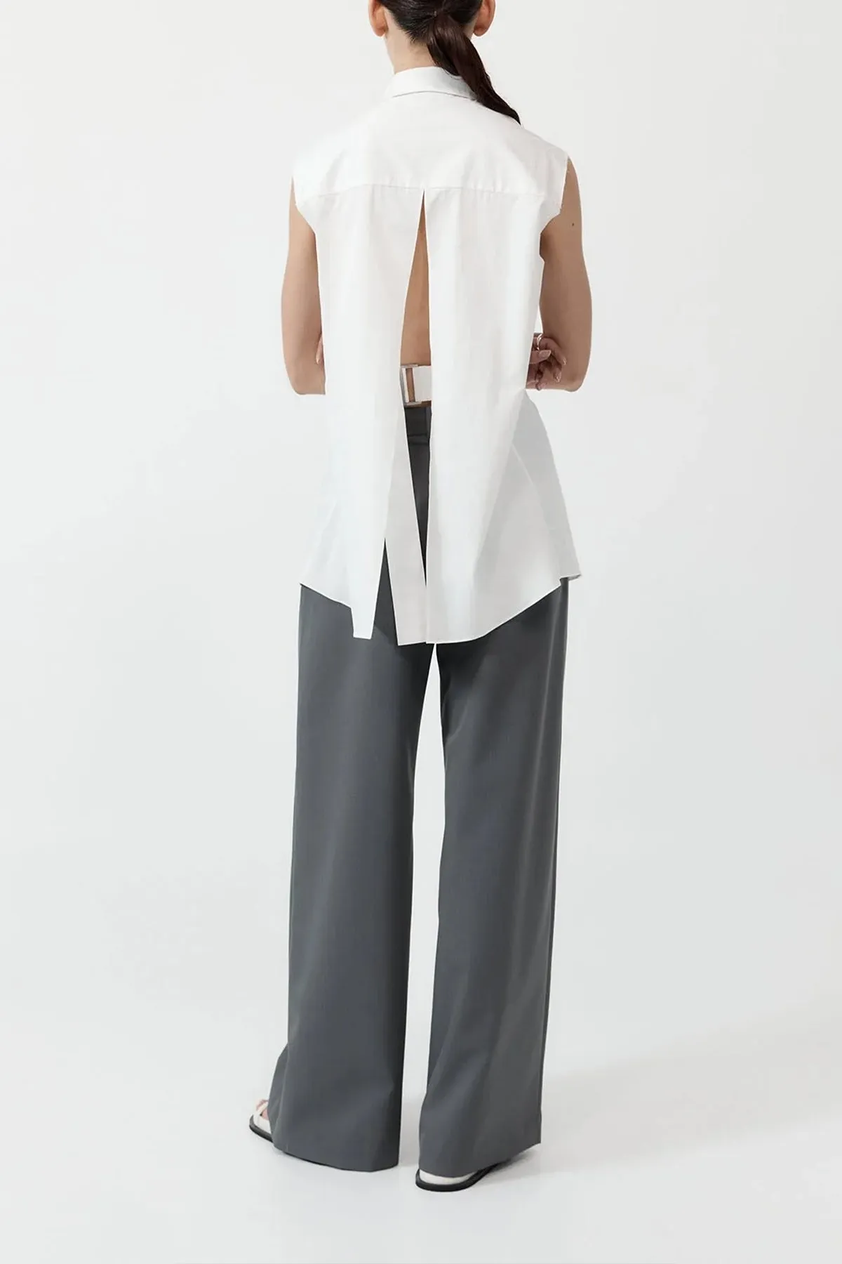Cotton Belted Sleeveless Shirt in White