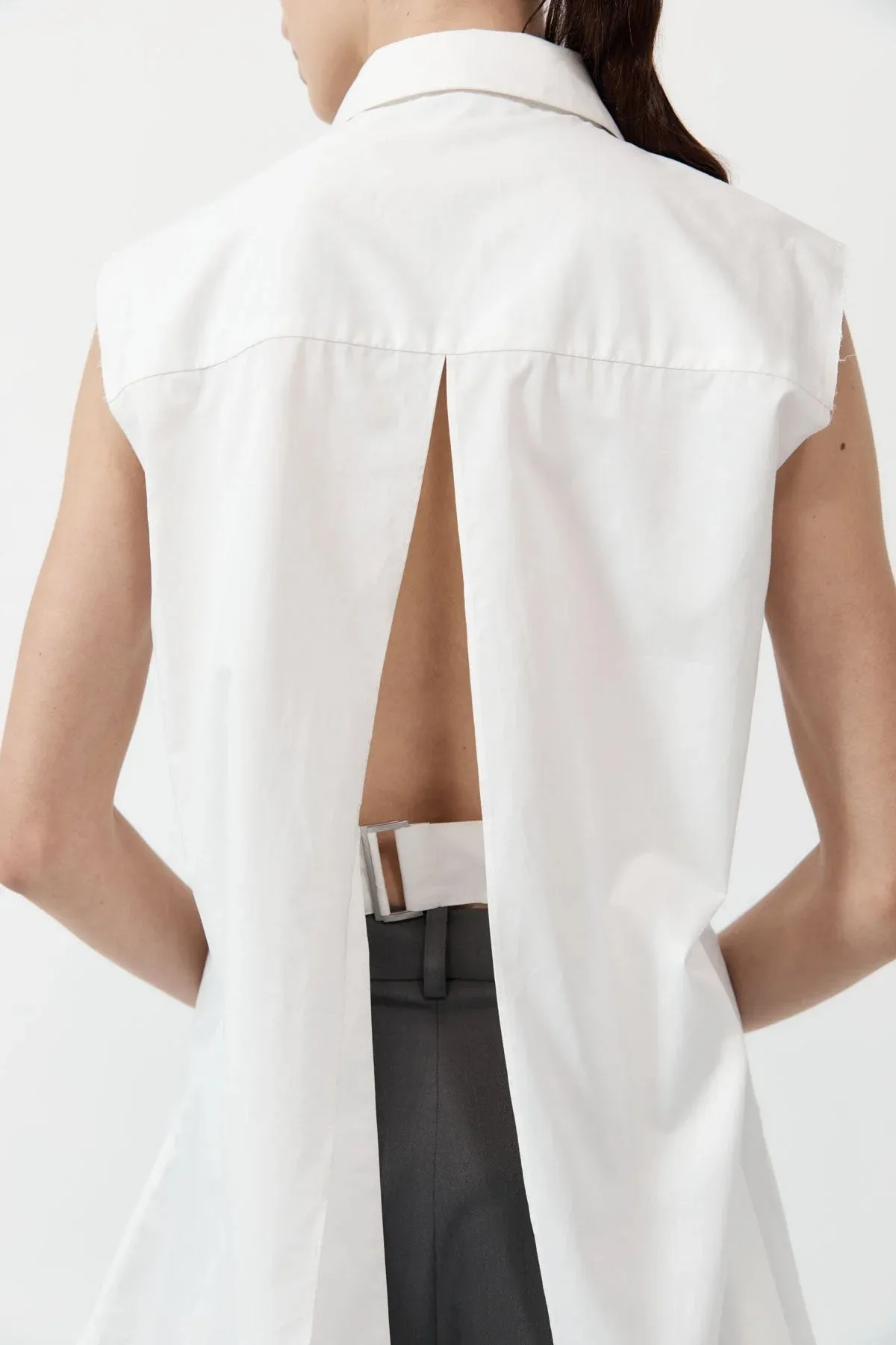 Cotton Belted Sleeveless Shirt in White