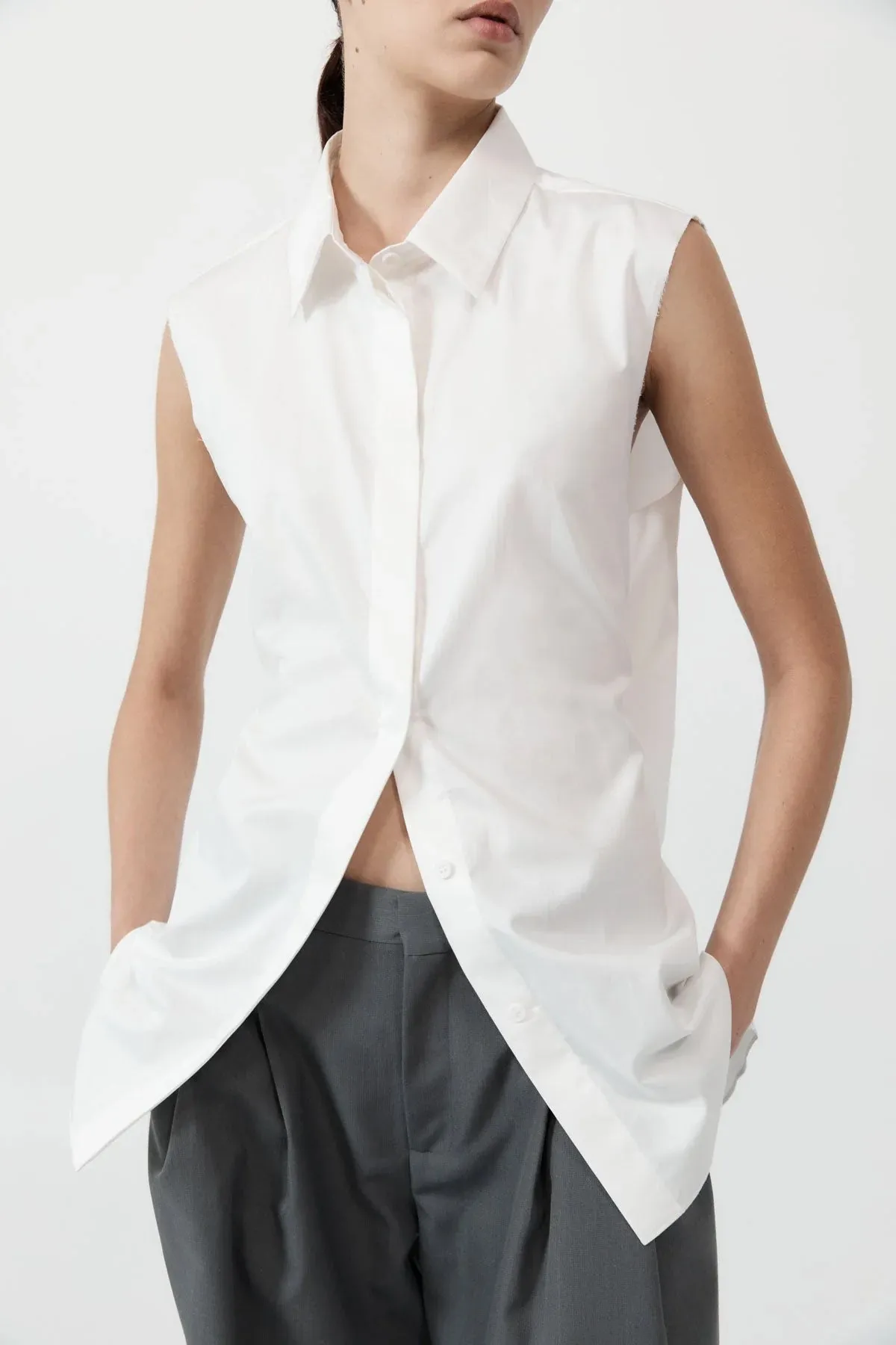 Cotton Belted Sleeveless Shirt in White