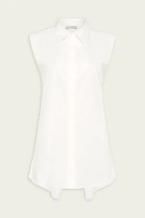 Cotton Belted Sleeveless Shirt in White