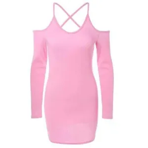Crossed Back Cold Shoulder Knit Dress - Pink M